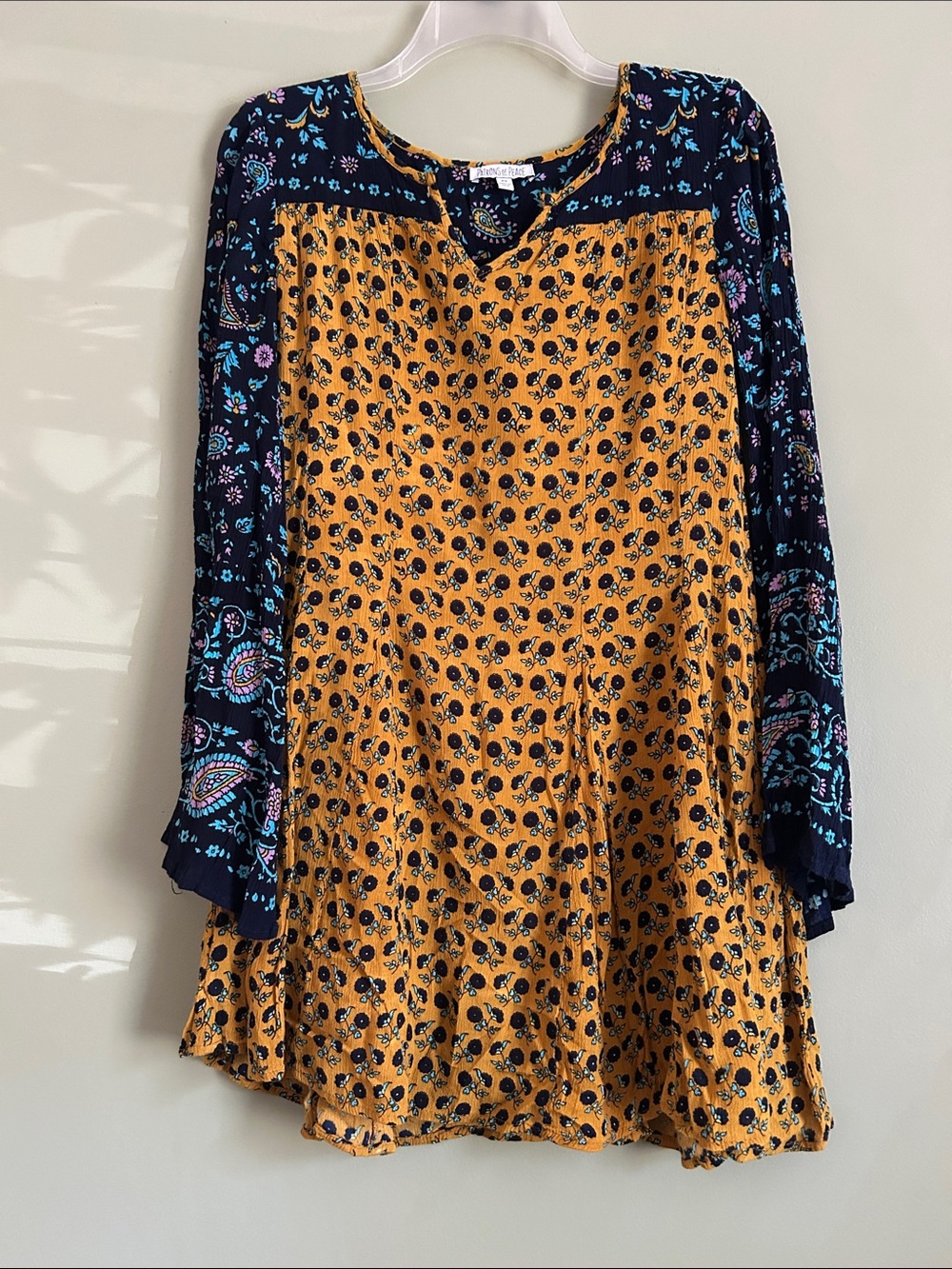 Patrons of Peace Mustard Floral Tunic Dress with Navy Paisley Sleeves Size XS